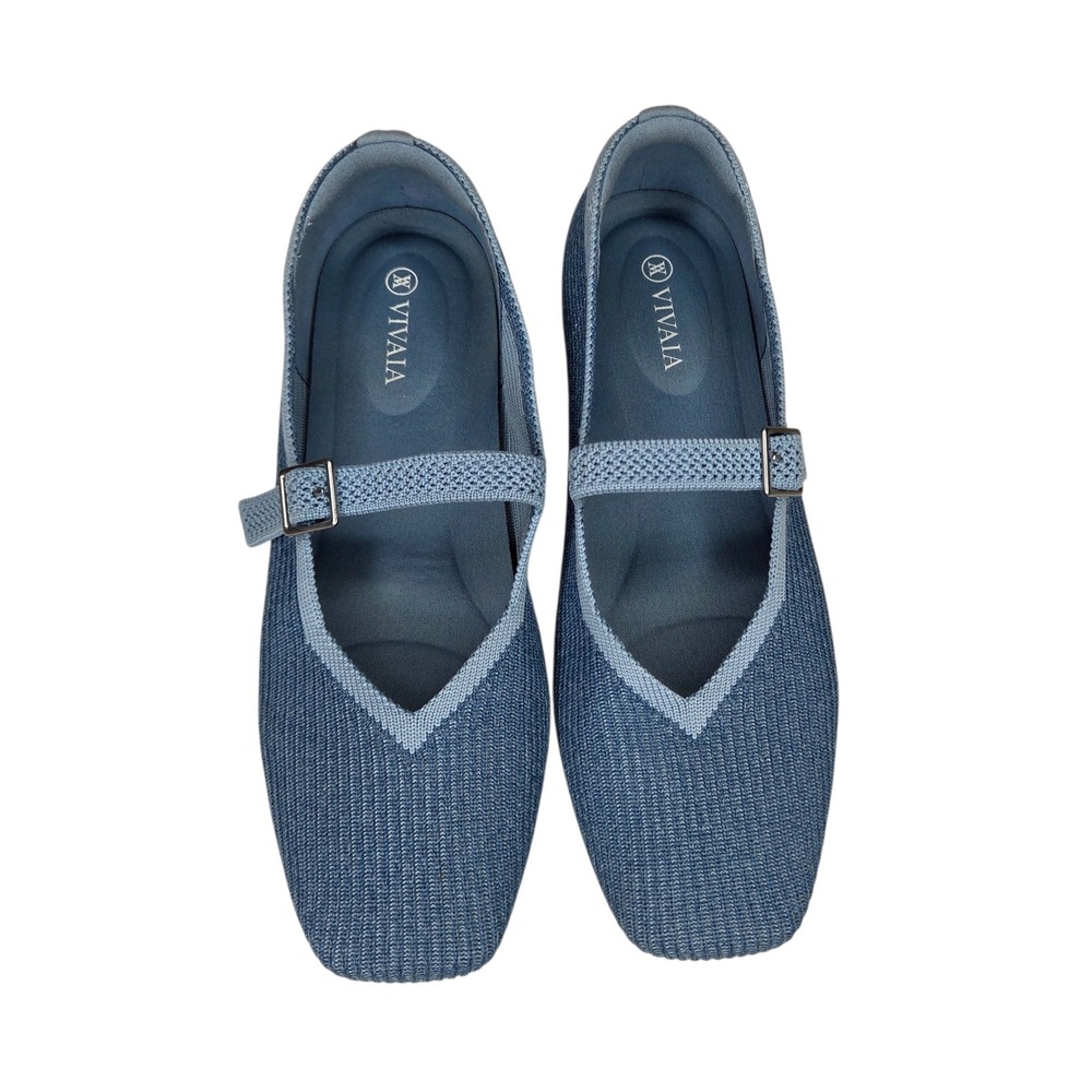 NEW Vivaia Margot Mary Jane Flats Denim Blue Knit Square Toe Womens 39 US 8/8.5